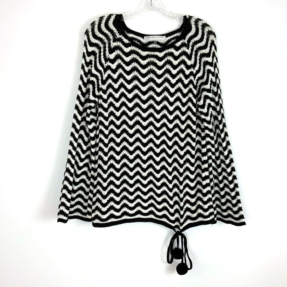 Trina Turk Black & White Chevron Pattern Knit Cotton Sweater Sz M